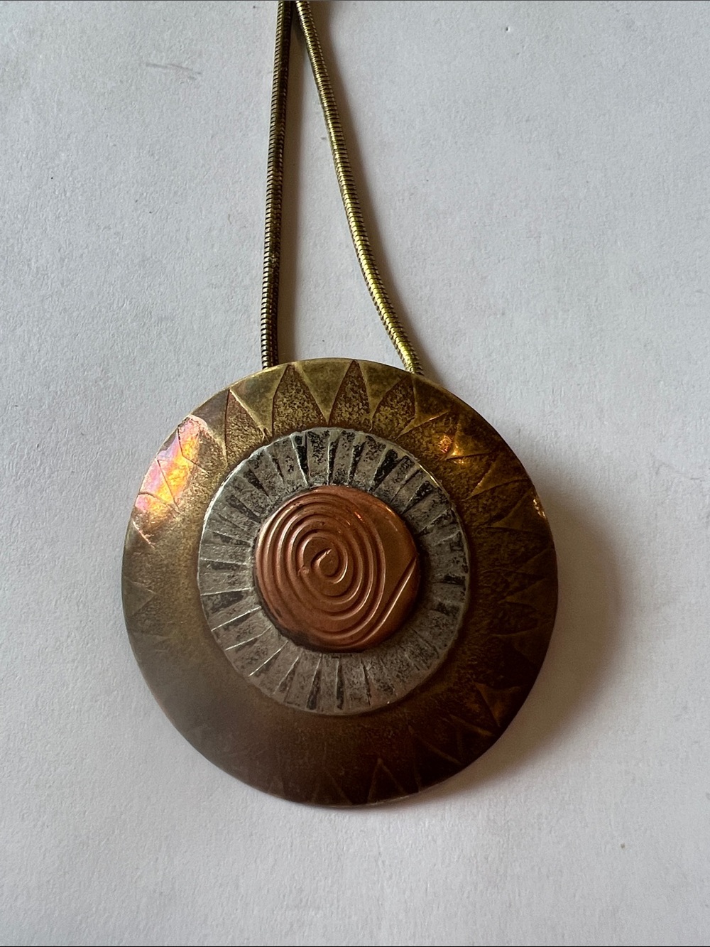 Artisan modern hand wrought copper brass silver pendant necklace
